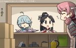  3girls ahoge akashi_(kantai_collection) apron bauxite black_hair black_ribbon box braid brown_eyes cardboard_box closed_eyes commentary dated grey_hair hair_over_eyes hair_ribbon hair_tie hamanami_(kantai_collection) hamu_koutarou headband high_ponytail highres japanese_clothes kantai_collection key long_hair long_sleeves miko multi-tied_hair multiple_girls nisshin_(kantai_collection) pink_hair propane_tank red_ribbon ribbon school_uniform serafuku short_eyebrows single_braid thick_eyebrows tress_ribbon upper_body window 