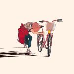  1girl bicycle black_stripes blue_pants denim elliemaplefox full_body ground_vehicle highres jacket jacket_pull jeans pants red_jacket shirt shoes short_hair short_sleeves simple_background sneakers striped striped_shirt white_footwear white_shirt 