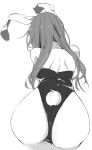  1girl alternate_costume animal_ears ass bare_shoulders bunny_tail bunnysuit commentary_request cowboy_shot from_behind greyscale kamukamu_(ars) long_hair monochrome rabbit_ears reisen_udongein_inaba simple_background solo tail touhou white_background 