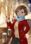  1girl ara_ssmjnkosam_-key2321 black_legwear blue_scarf blush breasts brown_hair character_request copyright_request highres jacket long_sleeves looking_at_viewer medium_breasts outdoors red_jacket scarf short_hair smile solo_focus standing sweater 