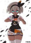  1girl covered_navel dark_skin gloves grey_eyes grey_hair hairband highres knee_pads leotard_under_clothes masamune_oekaki midriff pokemon pokemon_(game) pokemon_swsh saitou_(pokemon) short_hair short_sleeves shorts simple_background single_glove smile solo sportswear white_background 