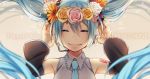  1girl ^_^ aona_(noraneko) armpit_peek arms_up bare_shoulders blue_hair blue_neckwear blurry breasts character_name closed_eyes commentary_request depth_of_field detached_sleeves floating_hair flower grey_background grey_shirt hair_between_eyes hand_in_hair happy happy_birthday hatsune_miku head_wreath long_hair necktie orange_flower orange_rose pink_flower pink_rose rose shirt shoulder_tattoo simple_background sleeveless sleeveless_shirt small_breasts smile solo tattoo triangle twintails upper_body very_long_hair vocaloid white_flower yellow_flower 