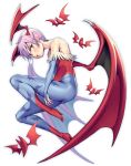  1girl animal_print bat bat_print bat_wings blue_legwear blush bridal_gauntlets demon_girl head_wings highleg highleg_leotard highres iroyopon leotard lilith_aensland looking_at_viewer low_wings open_mouth pantyhose print_legwear purple_hair red_leotard short_hair simple_background solo succubus vampire_(game) white_background wings 