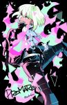  1boy biker_clothes black_gloves black_jacket blonde_hair cravat earrings fire frilled_sleeves frills gloves green_hair half_gloves jacket jewelry lio_fotia male_focus promare signature solo violet_eyes ydmker 