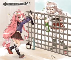  2girls =_= ahoge alcohol black_legwear bottle bunny_hair_ornament corset crescent crescent_hair_ornament gate green_hair hair_ornament hair_ribbon hat kantai_collection long_hair low-tied_long_hair medara meme mini_hat multiple_girls open_mouth outdoors pink_hair pola_(kantai_collection) ribbon sailor_collar school_uniform serafuku signature skirt socks sparkle standing star thigh-highs tilted_headwear to_be_continued tongue tongue_out uzuki_(kantai_collection) wavy_hair white_legwear wine_bottle 