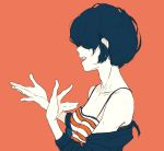  1girl breasts commentary elliemaplefox english_commentary flat_color hands_up highres jacket_pull open_mouth orange_background original shirt short_hair small_breasts solo striped striped_shirt white_skin 