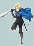  1boy armor blue_background blue_eyes boots cape dimitri_alexandre_bladud_(fire_emblem) fire_emblem fire_emblem:_three_houses gloves highres male_focus open_mouth remon99 solo sword teeth weapon 