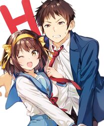  1boy 1girl :d angry bangs blue_jacket blue_sailor_collar blue_skirt blurry blurry_background blush brown_eyes brown_hair brown_pants clenched_teeth collared_shirt commentary_request couple depth_of_field eyebrows_visible_through_hair hair_ribbon hairband highres holding jacket kadokawa_shoten kita_high_school_uniform kyon kyoto_animation long_sleeves looking_at_viewer love mery_(apfl0515) neckerchief necktie necktie_grab neckwear_grab one_eye_closed open_clothes open_jacket open_mouth orange_hairband pants parted_lips red_neckwear ribbon round_teeth sailor_collar school_uniform serafuku shiny shiny_hair shirt short_hair signature simple_background skirt smile standing suzumiya_haruhi suzumiya_haruhi_no_yuuutsu sweatdrop teeth tokyo_mx upper_body white_background white_shirt wing_collar yellow_hairband yellow_ribbon 