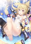  1girl :d animal_ears ass bare_legs bare_shoulders barefoot beach black_legwear blonde_hair blue_eyes blue_sky blush braid breasts canister checkered clouds cloudy_sky collarbone convenient_leg covered_navel day fang feet floating_hair g41_(girls_frontline) girls_frontline glint gun h&amp;k_g41 hair_between_eyes hair_bobbles hair_ornament hair_ribbon hatsuki_kaname heterochromia holding holding_gun holding_weapon long_hair looking_at_viewer name_tag object_namesake ocean one-piece_swimsuit open_mouth outdoors red_eyes ribbon school_swimsuit single_thighhigh sky small_breasts smile solo sunlight swimsuit thigh-highs thighs toes very_long_hair water weapon white_swimsuit 