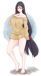  1girl bangs blush breasts fate/grand_order fate_(series) highres large_breasts long_hair long_sleeves looking_at_viewer low-tied_long_hair minamoto_no_raikou_(fate/grand_order) mm_(mm_chair) naked_sweater off_shoulder parted_bangs purple_hair smile solo sweater very_long_hair violet_eyes 