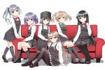  6+girls :d arare_(kantai_collection) arashio_(kantai_collection) asashio_(kantai_collection) bangs belt black_dress black_footwear black_hair black_headwear black_legwear black_ribbon blue_eyes blush bow breasts brown_eyes brown_hair brown_legwear closed_mouth clothes_grab collared_shirt commentary_request disconnected_mouth double_bun dress dress_shirt eyebrows_visible_through_hair frilled_dress frills green_bow green_ribbon grey_hair grey_legwear hair_between_eyes hair_ribbon hands_on_lap hat highres invisible_chair kantai_collection kasumi_(kantai_collection) kirigakure_(kirigakure_tantei_jimusho) kneehighs knees_up light_brown_hair loafers long_hair long_sleeves looking_at_viewer michishio_(kantai_collection) multiple_girls neck_ribbon ooshio_(kantai_collection) open_mouth pantyhose parted_lips pinafore_dress pleated_dress purple_hair red_neckwear red_ribbon remodel_(kantai_collection) ribbon rudder_footwear school_uniform shirt shoes short_hair short_twintails side_ponytail sidelocks silver_hair simple_background sitting sleeveless sleeveless_dress small_breasts smile socks thigh-highs twintails very_long_hair violet_eyes white_background white_legwear white_shirt 