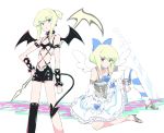  1boy angel bat_wings blonde_hair blue_eyes blush cosplay crossdressinging demon_girl demon_tail demon_wings dress earrings green_hair head_wings jewelry kneesocks_(psg) kneesocks_(psg)_(cosplay) lio_fotia looking_at_viewer male_focus navel otakebi otoko_no_ko panty_&amp;_stocking_with_garterbelt pointy_ears promare skirt solo stocking_(psg) stocking_(psg)_(cosplay) succubus tail tank_top violet_eyes wings 