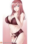  1girl aslindsamure bangs bare_shoulders blue_eyes blush border bra breasts brown_bra brown_hair brown_legwear brown_panties collarbone finger_to_chin garter_belt garter_straps go-toubun_no_hanayome gradient gradient_background hair_between_eyes highres large_breasts long_hair looking_at_viewer nakano_miku navel panties pink_background solo thigh-highs thighs underwear white_border 