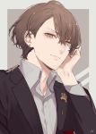  1boy bangs black_jacket brown_eyes brown_hair business_suit buttons closed_mouth commentary earrings emblem formal fuyuomi grey_background hair_between_eyes jacket jewelry kagami_hayato lapel_pin long_sleeves looking_at_viewer nijisanji pocket_square shirt simple_background smile suit upper_body virtual_youtuber white_shirt 