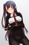  &gt;:( 1girl absurdres ass_visible_through_thighs aumann bangs black_gloves black_legwear black_skirt blush breasts closed_mouth collared_shirt cowboy_shot crotch_seam eyebrows_visible_through_hair girls_frontline gloves hair_ribbon high-waist_skirt highres lifted_by_self long_sleeves looking_at_viewer looking_to_the_side medium_breasts necktie one_side_up panties panties_under_pantyhose pantyhose purple_hair red_eyes red_neckwear red_ribbon ribbon shirt shrug_(clothing) skirt skirt_lift solo striped thighband_pantyhose underwear v-shaped_eyebrows vertical_stripes wa2000_(girls_frontline) white_shirt 