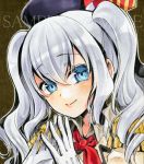  1girl alto2019 blue_eyes brown_background closed_mouth collared_shirt eyebrows_visible_through_hair gloves hair_between_eyes kantai_collection kashima_(kantai_collection) long_hair looking_at_viewer lowres marker_(medium) neckerchief portrait red_neckwear sample shiny shiny_hair shirt silver_hair smile solo traditional_media twintails white_gloves wing_collar 