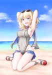  1girl adapted_costume armpits arms_behind_head arms_up beach blonde_hair blue_eyes blue_sky breasts capelet clouds colorado_(kantai_collection) covered_navel day eyewear_on_head full_body grey_swimsuit highres kantai_collection kneeling medium_breasts meihemu open_mouth outdoors sandals short_hair side_braids sky solo sunglasses swimsuit turtleneck 