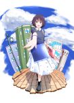 1girl alina_(girls_und_panzer) alternate_costume bag blue_bag blue_sky brick_road brown_eyes brown_hair casual clouds cyrillic girls_und_panzer highres lamppost looking_at_viewer musical_note musical_note_print outstretched_arm oze_(xyz_go_go11) red_bag shopping shopping_bag skirt sky smile solo 
