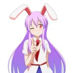  1girl ;3 animal_ears arm_behind_back arm_up blue_skirt cato_(monocatienus) cowboy_shot finger_gun furrowed_eyebrows hair_between_eyes head_tilt lavender_hair long_hair necktie one_eye_closed pointing pointing_at_viewer rabbit_ears red_eyes red_neckwear reisen_udongein_inaba shirt short_sleeves sidelocks simple_background skirt solo standing touhou untucked_shirt very_long_hair white_background white_shirt 