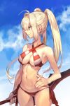  1girl aestus_estus bare_shoulders bikini blonde_hair breasts clouds collarbone criss-cross_halter earrings fate/grand_order fate_(series) green_eyes hair_intakes halter_top halterneck hankuri jewelry navel nero_claudius_(fate)_(all) nero_claudius_(swimsuit_caster)_(fate) profile side-tie_bikini sky solo striped striped_bikini swimsuit sword twintails weapon 