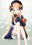  1girl abigail_williams_(fate/grand_order) bangs black_bow black_dress black_headwear blonde_hair blue_eyes blush bow bug butterfly closed_mouth dress fate/grand_order fate_(series) forehead gradient gradient_background hair_bow highres holding holding_stuffed_animal insect legs long_hair long_sleeves looking_at_viewer orange_bow parted_bangs polka_dot polka_dot_bow ribbed_dress shinkai_kokoa sitting sleeves_past_fingers sleeves_past_wrists solo stuffed_animal stuffed_toy teddy_bear white_bloomers 