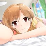  1girl aiba_yumi ara_ssmjnkosam_-key2321 bare_arms blush brown_eyes brown_hair clouds commentary_request curtains day eyebrows_visible_through_hair face highres idolmaster idolmaster_cinderella_girls idolmaster_cinderella_girls_starlight_stage indoors lamp looking_at_viewer lying on_stomach smile solo window 