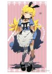  1girl absurdres alice_(wonderland) alice_(wonderland)_(cosplay) alice_in_wonderland animal_ears bakemonogatari bandaid blonde_hair blush_stickers choker cosplay dress dress_lift fang fang_out floral_print highres long_hair looking_at_viewer mary_janes monogatari_(series) ogipote oshino_shinobu puffy_short_sleeves puffy_sleeves rabbit_ears scan shoe_removed shoes short_sleeves signature solo squiggle thigh-highs yellow_eyes 