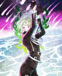  1boy arms_up belt biker_clothes black_gloves black_jacket blonde_hair cravat frills gloves green_hair half_gloves highres jacket leaf lio_fotia male_focus meteor_shower noroshika open_mouth promare solo violet_eyes water 