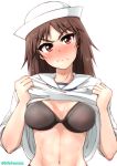  1girl abs bangs black_bra black_eyes black_hair blouse blush bra breasts closed_mouth commentary dixie_cup_hat eyebrows_visible_through_hair frown girls_und_panzer hat head_tilt highres kibimoka lace lace-trimmed_bra lifted_by_self long_hair long_sleeves looking_at_viewer medium_breasts military_hat murakami_(girls_und_panzer) navel ooarai_naval_school_uniform sailor sailor_collar school_uniform shirt_lift simple_background sleeves_rolled_up solo standing sweatdrop twitter_username underwear upper_body v-shaped_eyebrows white_background white_blouse white_headwear 