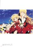  2girls absurdres blonde_hair blush flower highres kiss-shot_acerola-orion_heart-under-blade long_hair looking_at_viewer monogatari_(series) multiple_girls ogipote oshino_shinobu outstretched_arms scan short_hair yellow_eyes 