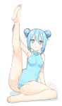  1girl armpits bangs bare_arms bare_legs bare_shoulders barefoot blue_eyes blue_hair blue_leotard blush breasts commentary_request covered_collarbone double_bun eyebrows_visible_through_hair hair_between_eyes hatsunatsu leg_up leotard looking_at_viewer original parted_lips patreon_username shadow sidelocks small_breasts solo sweat v-shaped_eyebrows white_background 