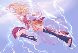  1girl azto_dio blonde_hair blue_eyes bracelet cape clouds dress earrings electricity elf flying_kick full_body gloves gown high_heels highres hylian jewelry kicking lightning looking_at_viewer midair nintendo nintendo_ead open_hands pointy_ears princess_zelda smile solo super_smash_bros. super_smash_bros._ultimate the_legend_of_zelda the_legend_of_zelda:_a_link_between_worlds tiara toeless_legwear triforce 