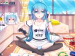  1girl ahoge bag_of_chips bed bilibili_douga blue_eyes blue_hair blue_sky brand_name_imitation cactus can cellphone character_name chips clock coca-cola collarbone commentary controller digital_clock fish fish_bone food game_controller hatsune_miku highres holding holding_controller holding_phone hwh666 indoors jewelry long_hair looking_at_viewer open_mouth panties pepsi phone pillow plant popcorn potato_chips potted_plant ring room shirt sky smartphone soda_can striped striped_panties t-shirt talking_on_phone thigh-highs tissue_box tokyo_tower underwear very_long_hair vocaloid window 