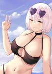  1girl absurdres alternate_costume azur_lane bangs bare_shoulders bikini black_bikini black_choker blue_sky blush breasts choker closed_mouth clouds collarbone day eyebrows_visible_through_hair eyewear_on_head hair_between_eyes hand_up heart heart-shaped_eyewear highres large_breasts leaning_to_the_side looking_at_viewer navel o-ring o-ring_bikini o-ring_top ocean outdoors pink-framed_eyewear red_eyes shiny shiny_skin short_hair sirius_(azur_lane) sirius_(midsummer_seirios)_(azur_lane) sky smile solo sunglasses swimsuit user_fykt5252 v water white_hair 