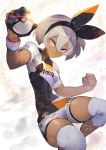  1girl abs barefoot black_gloves bodysuit covered_navel dark_skin gloves grey_eyes grey_hair hairband highres nkmr8 poke_ball pokemon pokemon_(game) pokemon_swsh ribbon saitou_(pokemon) shirt short_hair short_sleeves shorts solo white_shirt wristband 