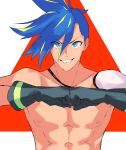  1boy abs black_gloves blue_eyes blue_hair chest fist_bump galo_thymos gloves grin highres looking_at_viewer lq_saku male_focus promare shirtless smile spiky_hair 