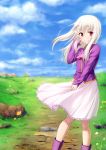  1girl ascot blue_sky boots closed_mouth clouds eyebrows_visible_through_hair fate/stay_night fate_(series) floating_hair flower frilled_skirt frills gyatto624 hair_between_eyes hand_in_hair highres illyasviel_von_einzbern long_hair long_sleeves looking_at_viewer medium_skirt outdoors pink_neckwear pink_skirt pleated_skirt purple_footwear purple_shirt red_eyes shirt silver_hair skirt sky smile solo standing wing_collar yellow_flower 