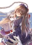  1girl :o adjusting_eyewear ahoge anchor azur_lane bangs beret blue_dress breasts brown_hair chain dress earrings eric_(pixiv9123557) eyebrows_visible_through_hair facing_away frilled_dress frilled_sleeves frills glasses hat high_collar highres jewelry juliet_sleeves london_(azur_lane) long_hair long_sleeves looking_at_viewer puffy_sleeves red-framed_eyewear red_eyes retrofit_(azur_lane) ribbon rigging semi-rimless_eyewear skirt solo sparkle twintails under-rim_eyewear water_drop wide_sleeves 