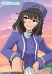  1girl andou_(girls_und_panzer) bangs bc_freedom_(emblem) bc_freedom_military_uniform black_footwear black_hair blue_headwear blue_jacket blue_vest boots brown_eyes clouds cloudy_sky commentary dark_skin dress_shirt emblem girls_und_panzer hat high_collar highres jacket kibimoka long_sleeves looking_to_the_side medium_hair messy_hair military military_hat military_uniform multicolored multicolored_sky outdoors parted_lips pleated_skirt shako_cap shirt sitting skirt sky smirk solo twilight twitter_username uniform vest white_shirt white_skirt 