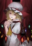  1girl absurdres ambiguous_red_liquid ascot bangs blonde_hair collared_shirt cowboy_shot crystal cup curtains drinking_glass dripping eyebrows_visible_through_hair fangs flandre_scarlet glowing hair_between_eyes hand_up hat hat_ribbon highres hisha_(kan_moko) juliet_sleeves long_sleeves looking_at_viewer messy_hair mob_cap parted_lips puffy_sleeves rainbow_order red_curtains red_eyes red_vest ribbon shirt short_hair slit_pupils smile solo spinning touhou vest white_shirt wine_glass wings yellow_neckwear 