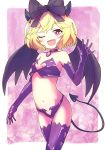  1girl ;d absurdres bangs bare_shoulders blonde_hair blush bow breasts choker collarbone crop_top demon_girl demon_horns demon_tail demon_wings elbow_gloves erie_(tonari_no_kyuuketsuki-san) eyebrows_visible_through_hair fang gloves groin hair_bow heart highres horns navel nyama one_eye_closed open_mouth purple_bow purple_choker purple_gloves purple_legwear purple_wings revealing_clothes small_breasts smile solo strapless tail tail_raised thigh-highs tonari_no_kyuuketsuki-san violet_eyes wings 