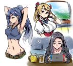  3girls akairiot alcohol arc_system_works arms_up beer belt blonde_hair blue_hair blue_neckwear breasts crescent_moon earrings eyebrows_visible_through_hair eyelashes food frills fruit grey_hair hand_in_hair ice ice_cube jewelry kamishiro_saya large_breasts lemon lighthouse long_hair midriff moon multiple_girls necklace night night_sky nintendo_switch otonashi_yukino pants ponytail red_eyes ribbon ryuzaki_ryoko simple_background sketch sky twintails violet_eyes water worldend_syndrome 