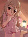  1girl aoba_kokona backpack bag bangs barefoot blurry blurry_background blush brown_hair collarbone commentary_request depth_of_field dress_shirt eyebrows_visible_through_hair hair_between_eyes hand_up head_tilt highres lantern long_hair looking_at_viewer makuran pajamas parted_lips pink_pajamas pink_shirt pink_shorts red_eyes shirt short_sleeves shorts sitting solo tent_interior very_long_hair yama_no_susume 