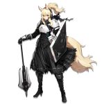  1girl animal_ear_fluff animal_ears arknights armor armored_gloves axe bangs black_dress black_footwear black_gloves black_jacket black_scarf black_skirt blonde_hair boots breastplate breasts closed_mouth dress elbow_gloves expressionless eyebrows_visible_through_hair floating_hair full_body gloves hair_between_eyes headset high_heel_boots high_heels holding holding_shield holding_weapon horse_ears horse_tail jacket knee_pads large_breasts long_hair looking_at_viewer nearl_(arknights) official_art orange_eyes pauldrons ponytail ryuuzaki_ichi scarf shield sidelocks skirt solo tachi-e tail torn_scarf weapon wind yellow_eyes 
