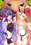  2girls absurdres bangs bare_shoulders blonde_hair blush borumete breasts chinese_clothes collarbone detached_sleeves dudou earrings eyeliner facial_mark fang fang_out fate/grand_order fate_(series) fingernails flower forehead_mark fundoshi hair_flower hair_ornament hairband headpiece heart hibiscus highres horns ibaraki_douji_(fate/grand_order) ibaraki_douji_(swimsuit_lancer)_(fate) jack-o&#039;-lantern japanese_clothes jewelry long_hair looking_at_viewer low_twintails makeup multiple_girls navel one-piece_swimsuit one_eye_closed oni oni_horns open_mouth pointy_ears purple_hair rope sharp_fingernails shawl short_eyebrows short_hair short_twintails shuten_douji_(fate/grand_order) shuten_douji_(halloween_caster)_(fate) small_breasts smile swimsuit tattoo thighs tongue tongue_out twintails very_long_hair violet_eyes white_swimsuit yellow_eyes 