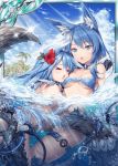  2girls :o akkijin animal_ears back beach bikini blue_bikini blue_eyes blue_hair blue_sky breasts card_(medium) claws closed_eyes collar fenrir_(shinkai_no_valkyrie) flower fur hair_flower hair_ornament in_water medium_breasts multiple_girls official_art palm_tree scared shinkai_no_valkyrie sky squall_(shinkai_no_valkyrie) swimming swimsuit tail tree wolf_ears wolf_girl wolf_paws wolf_tail 