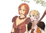  2girls armor blonde_hair blue_eyes braid bw2gold choker dragon_age dragon_age:_origins elf facial_tattoo grey_warden leliana_(dragon_age) multiple_girls orange_hair pointy_ears short_hair shoulder_armor staff tattoo 