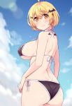  1girl ass bangs bat_hair_ornament bikini black_bikini blonde_hair blush breasts clouds cloudy_sky collarbone commentary_request cowboy_shot day from_behind hair_ornament hasu_(hk_works) hololive large_breasts looking_at_viewer short_hair sideboob sky smile solo swimsuit virtual_youtuber yozora_mel 