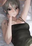  1girl arm_up armpits bangs bare_arms bare_shoulders bed bed_sheet black_bra black_camisole black_eyes blonde_hair bra breasts camisole collarbone cross cross_necklace earrings eye_contact eyebrows_visible_through_hair eyelashes hair_between_eyes hand_on_own_cheek highres idolmaster idolmaster_cinderella_girls jewelry lips looking_at_another looking_at_viewer lying medium_breasts mossi necklace open_mouth shiomi_shuuko short_hair smile underwear 
