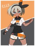  1girl :&lt; blue_eyes blush bow character_name clenched_hands commentary_request covered_navel cowboy_shot dark_skin gloves grey_background grey_hair hair_bow haniwagi_(hal) knee_pads leotard_under_clothes looking_at_viewer orange_background partly_fingerless_gloves pokemon pokemon_(game) pokemon_swsh saitou_(pokemon) shirt single_glove solo sportswear tied_shirt two-tone_background wristband 